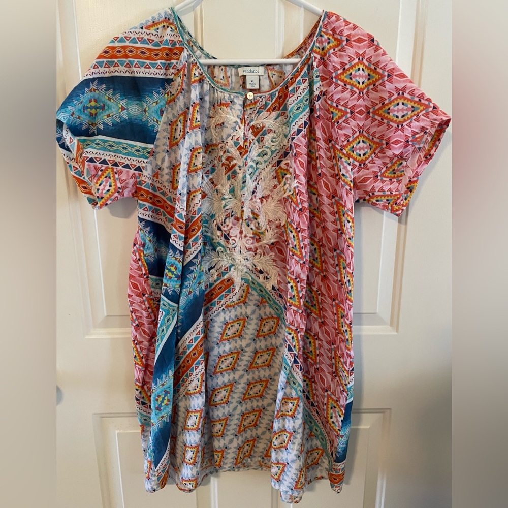 Sundance Aztec print embroidered tunic / cover up
